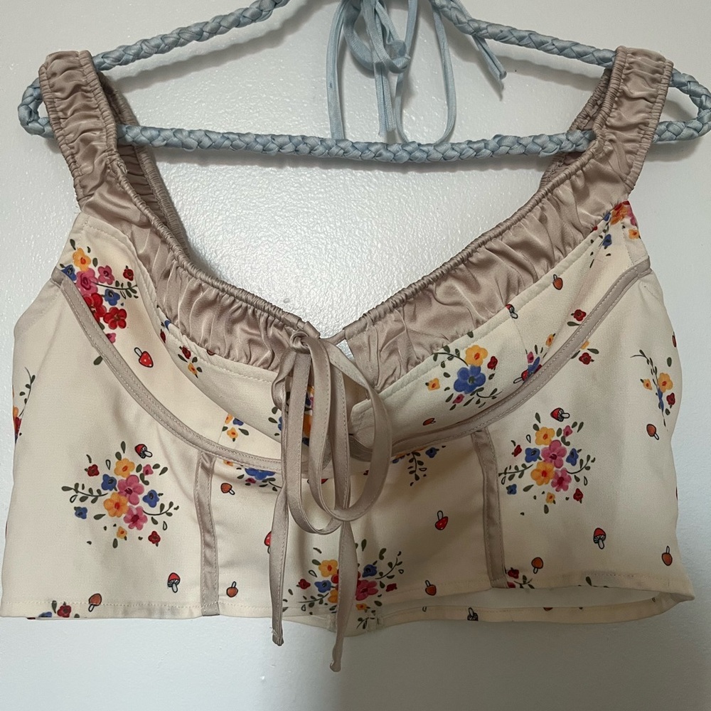 Cider Beige Floral Corset Style Crop Zip Tank Top